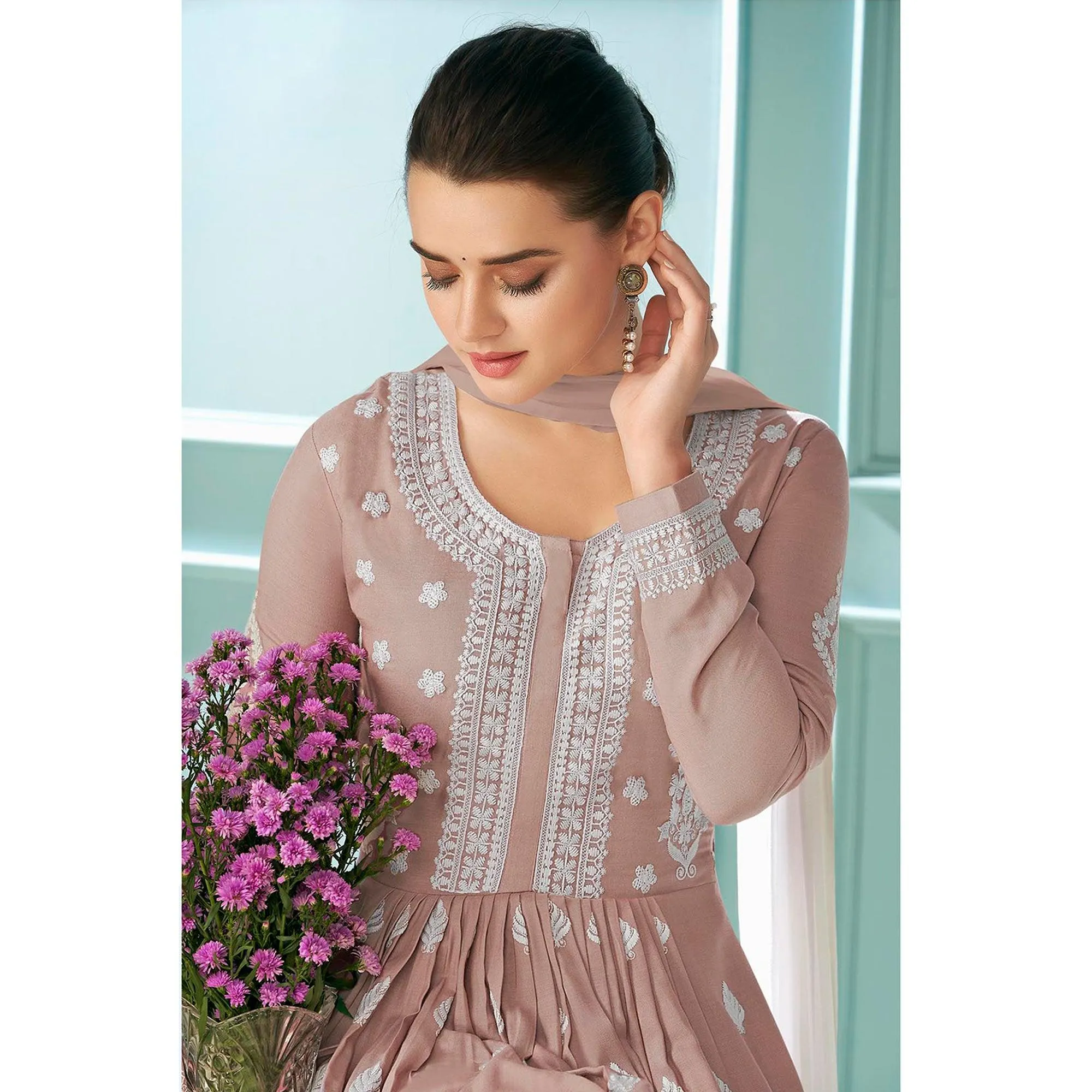 Beige Partywear Floral Embroidered Rayon Palazzo Suit