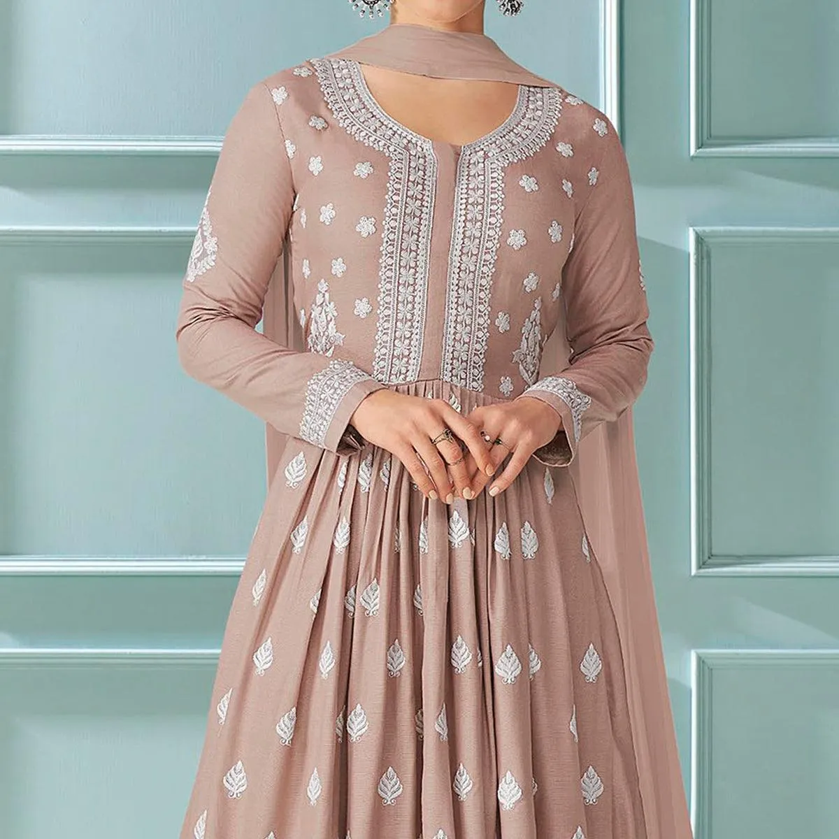 Beige Partywear Floral Embroidered Rayon Palazzo Suit