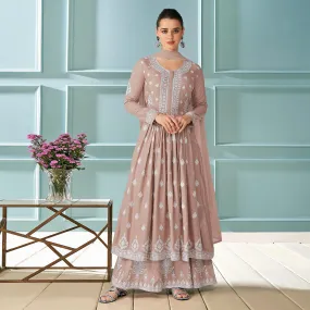 Beige Partywear Floral Embroidered Rayon Palazzo Suit