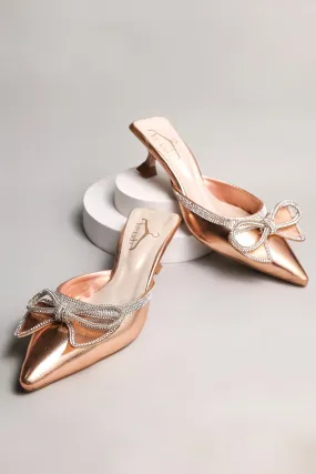 Brauch Rose Gold Embellished Rhinestone Bow Kitten Heel Mules