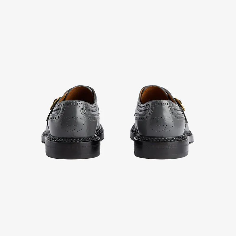 Dark Grey Leather Shoes with Gold Buckle