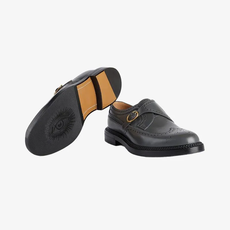 Dark Grey Leather Shoes with Gold Buckle