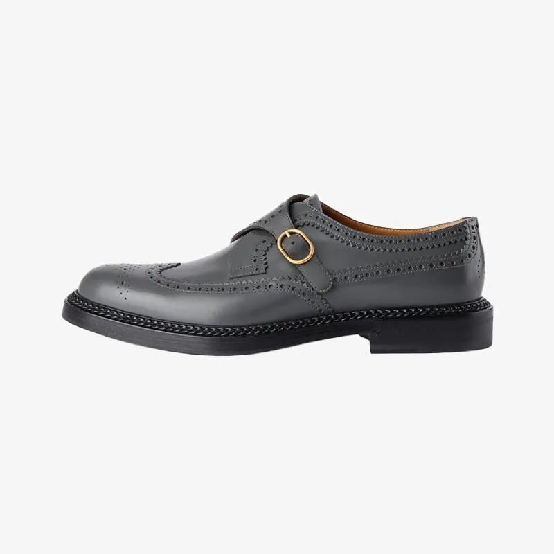 Dark Grey Leather Shoes with Gold Buckle