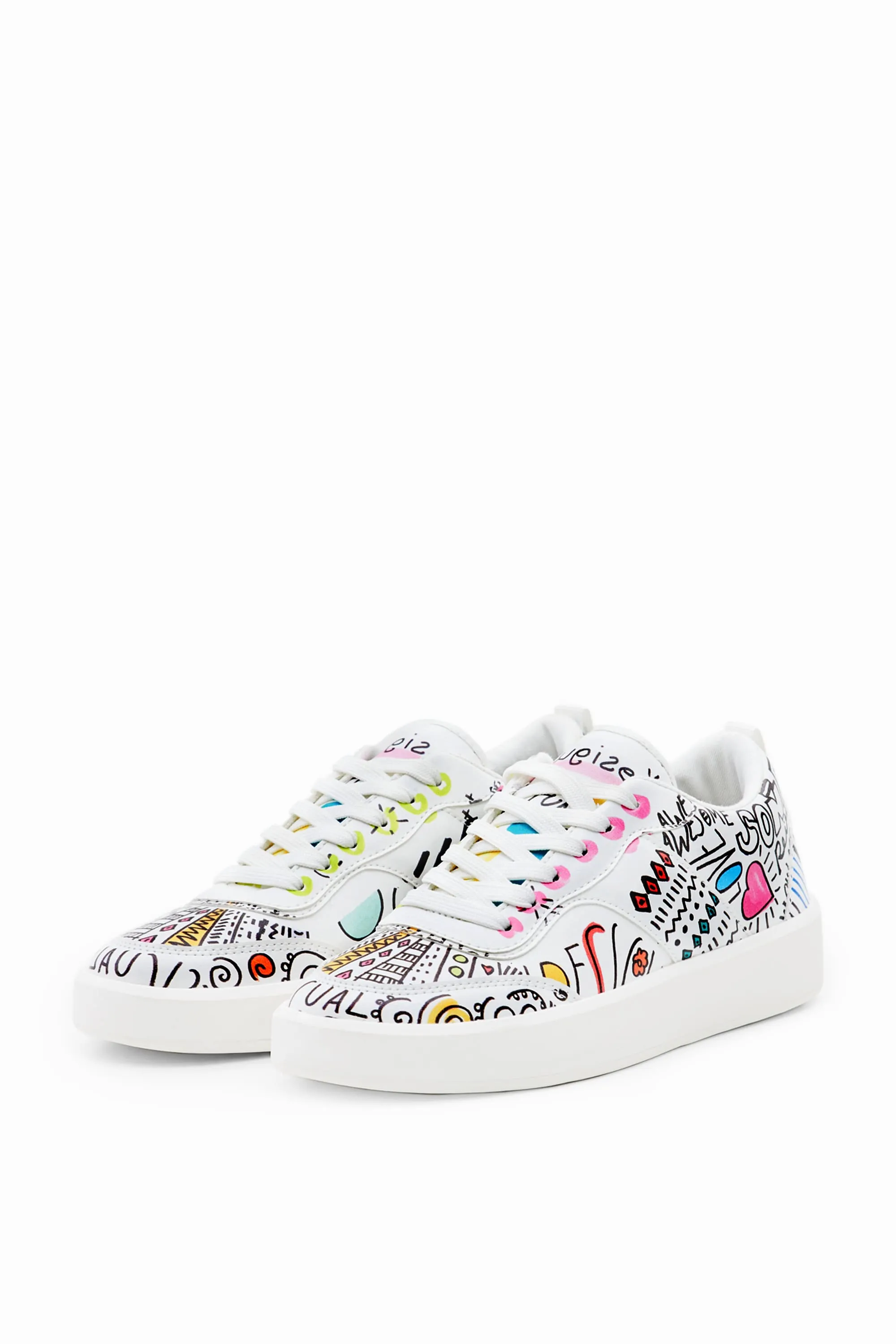 Desigual Fancy Lettering Hand Painted Design White Sneakers23SSKP41