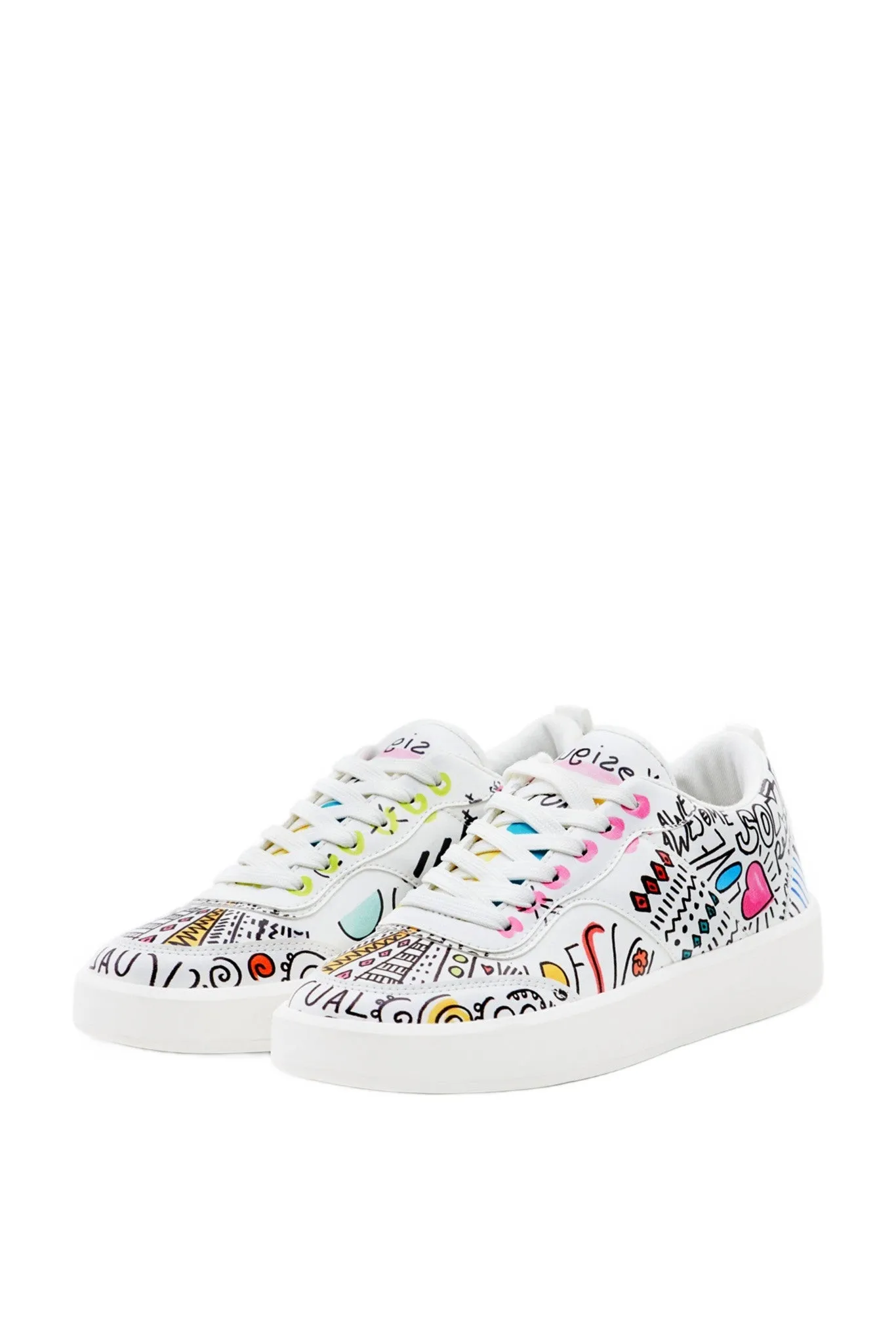 Desigual Fancy Lettering Hand Painted Design White Sneakers23SSKP41