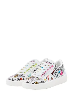 Desigual Fancy Lettering Hand Painted Design White Sneakers23SSKP41