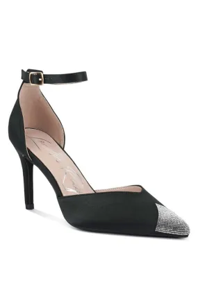 Everalda Toe Cap Embellished Black Satin Sandals