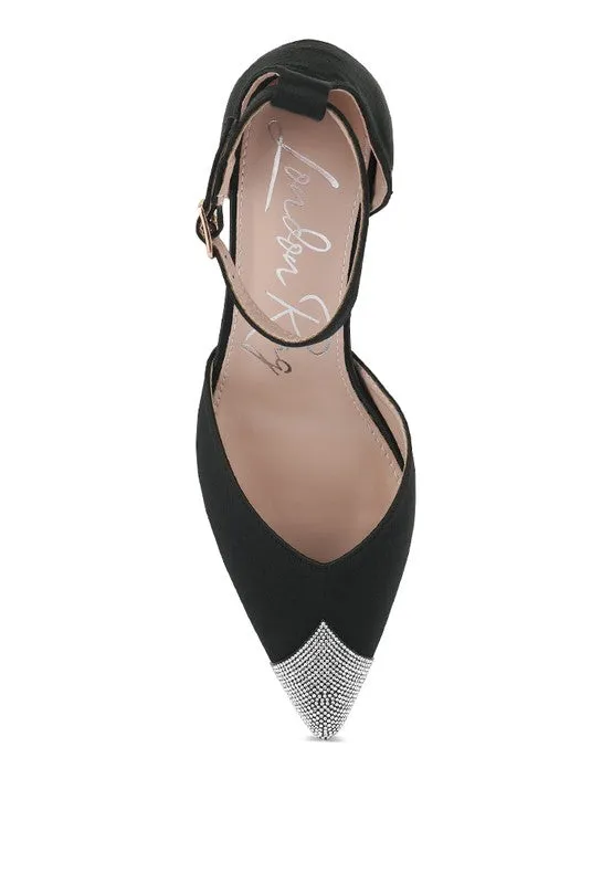 Everalda Toe Cap Embellished Black Satin Sandals