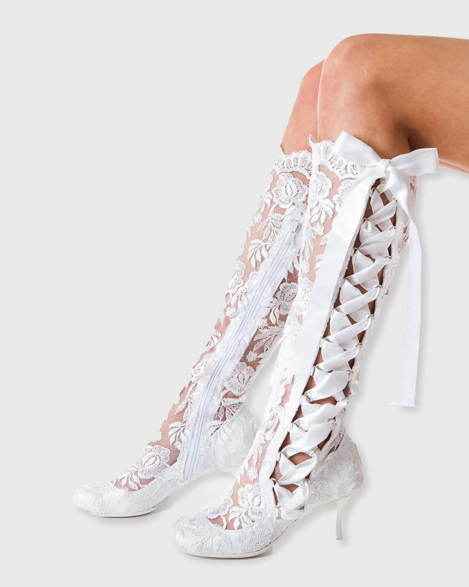 Fabiola Vintage Lace Knee High Boots In White