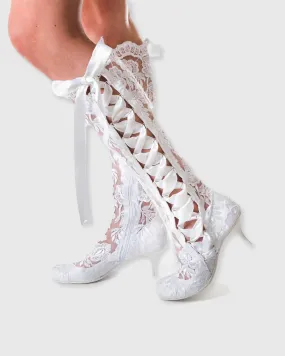 Fabiola Vintage Lace Knee High Boots In White