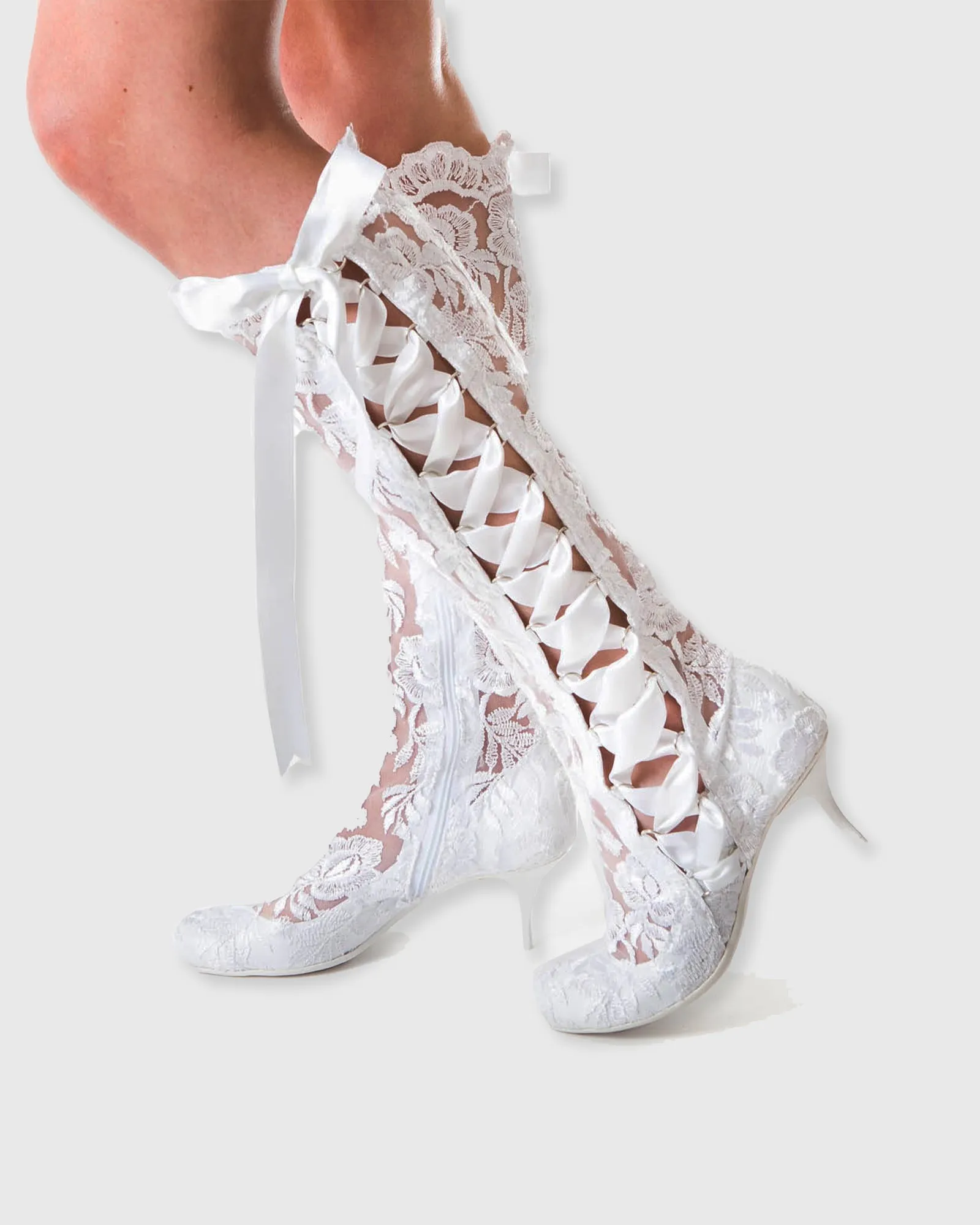 Fabiola Vintage Lace Knee High Boots In White