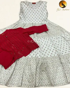Graceful Block Print Anarkali Gown with Red Hakobha Overlay