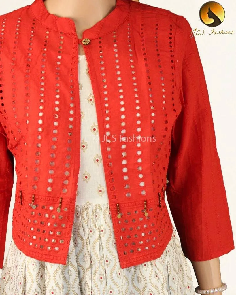 Graceful Block Print Anarkali Gown with Red Hakobha Overlay
