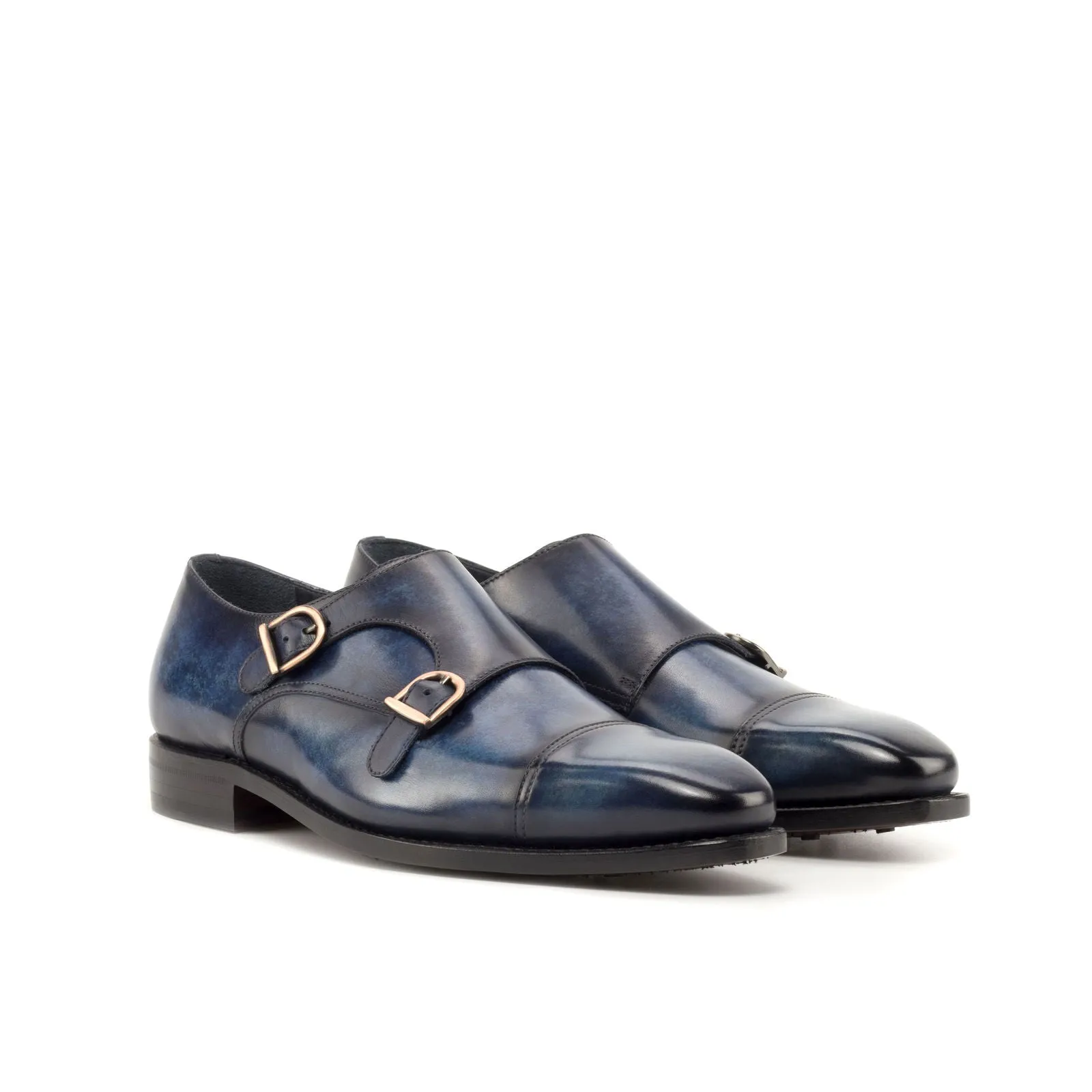 Men's Double Monk Shoes Patina Leather Goodyear Welt Wide Plus Size Blue 4811