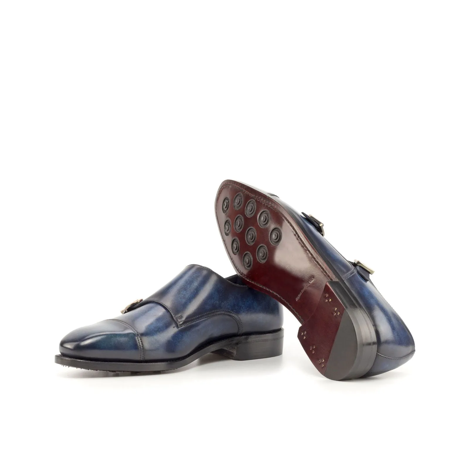 Men's Double Monk Shoes Patina Leather Goodyear Welt Wide Plus Size Blue 4811