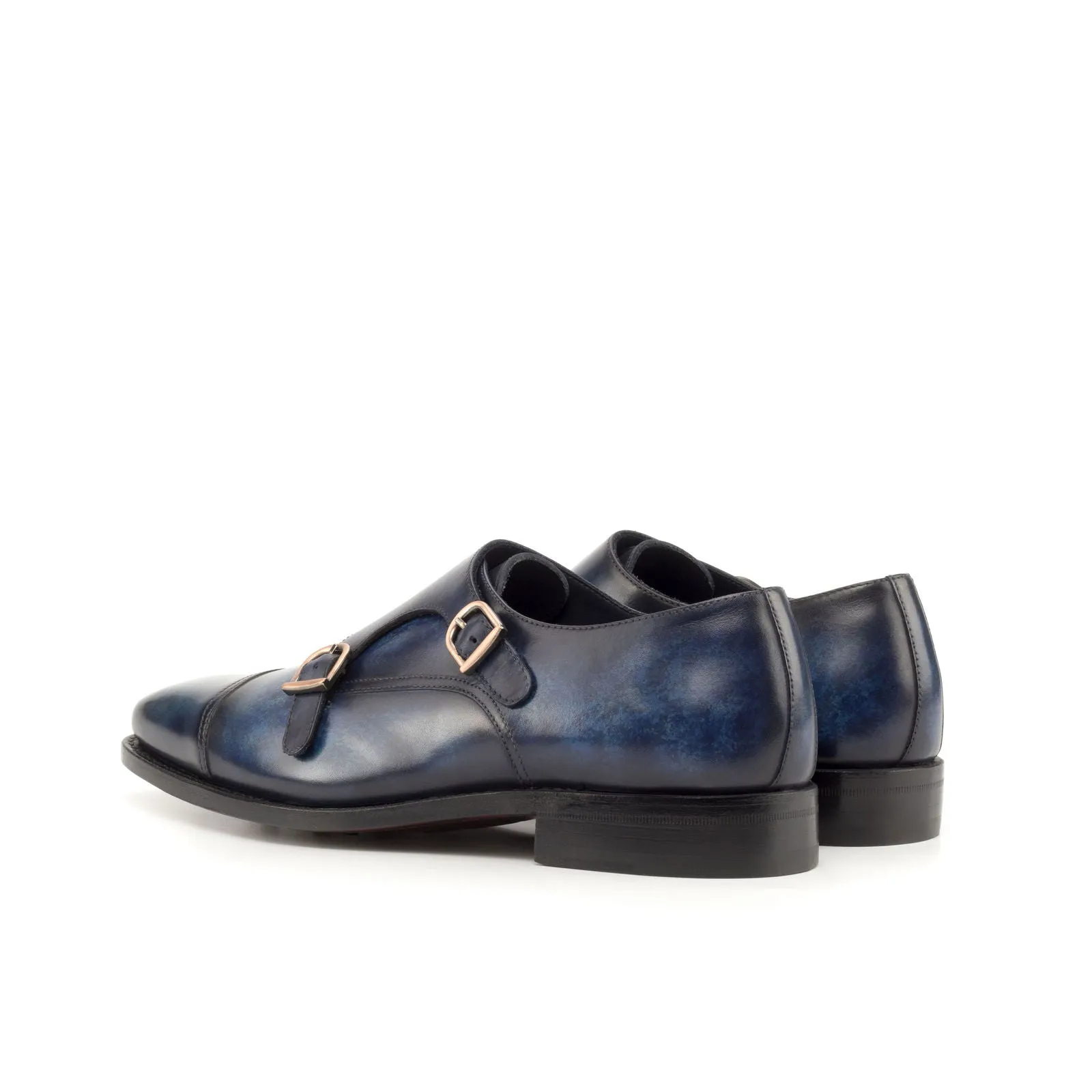 Men's Double Monk Shoes Patina Leather Goodyear Welt Wide Plus Size Blue 4811