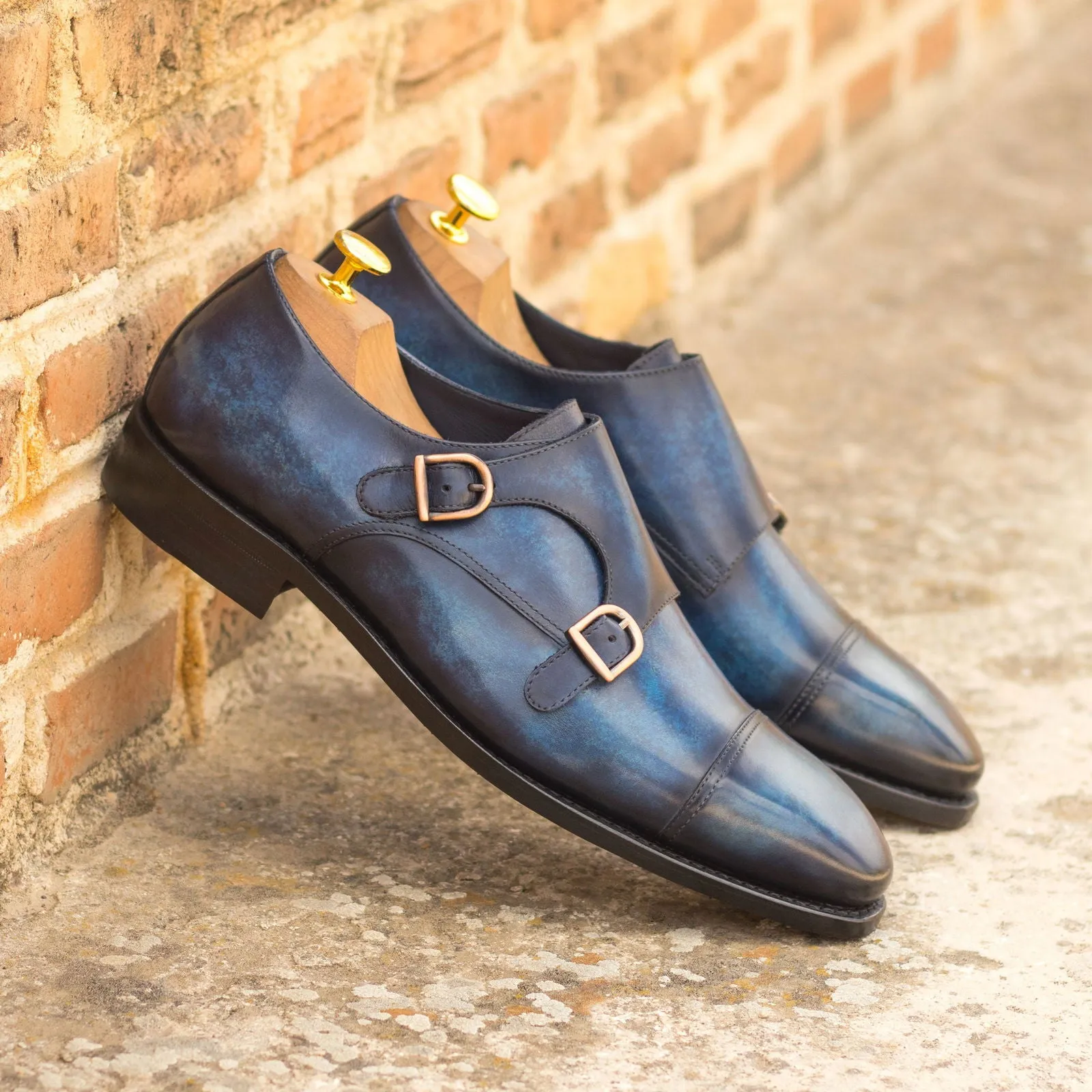 Men's Double Monk Shoes Patina Leather Goodyear Welt Wide Plus Size Blue 4811