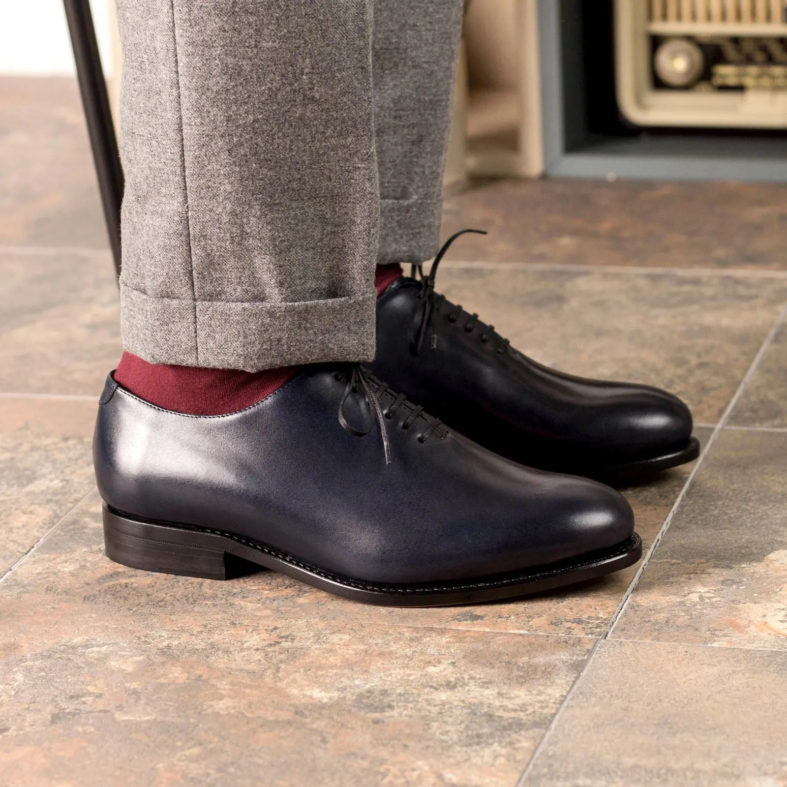 Men's Wholecut Leather Shoes Goodyear Welt Wide Plus Size Blue 5381