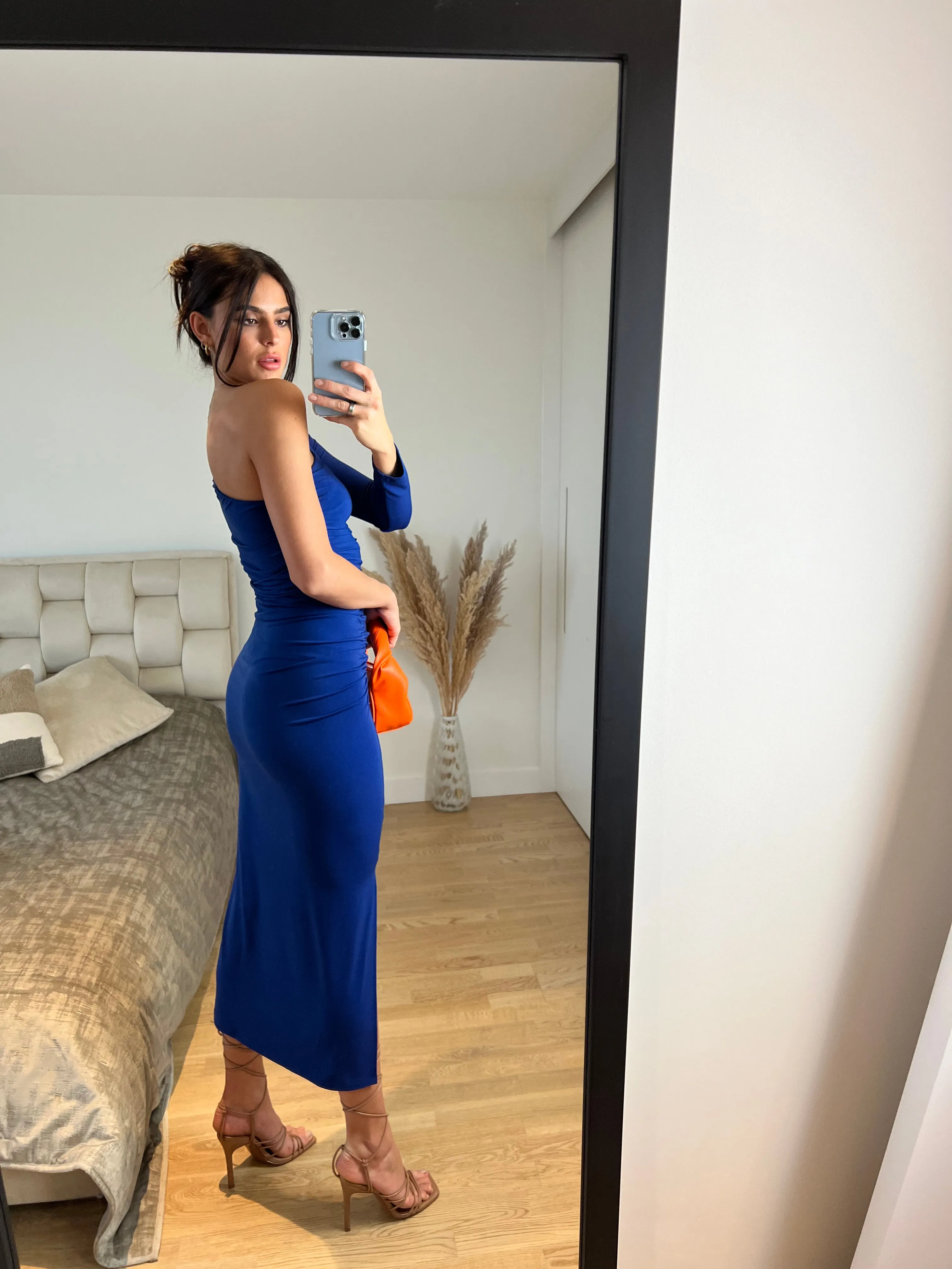 Sax Elegance One-Shoulder Midi Dress