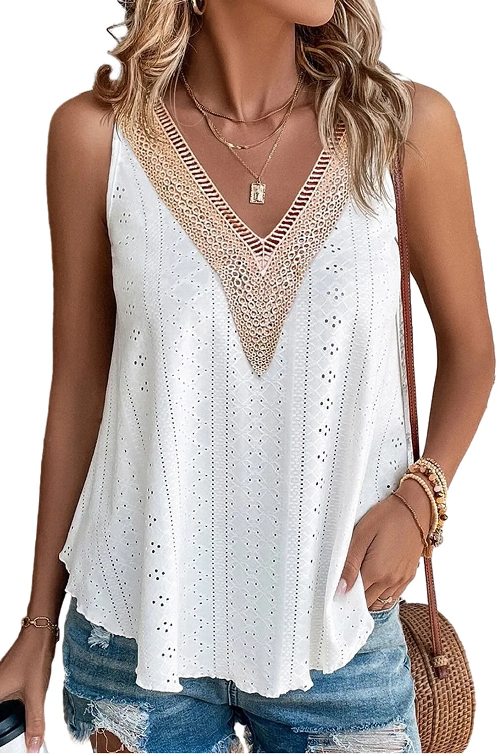 Sleeveless Pointelle Knit White Tank Top