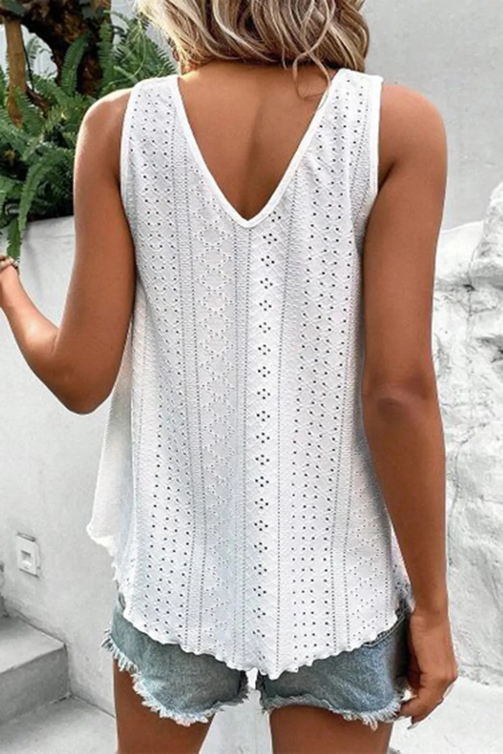 Sleeveless Pointelle Knit White Tank Top