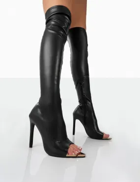 Stand Down Black Pu Open Toe Zip Up Over The Knee Heeled Boots