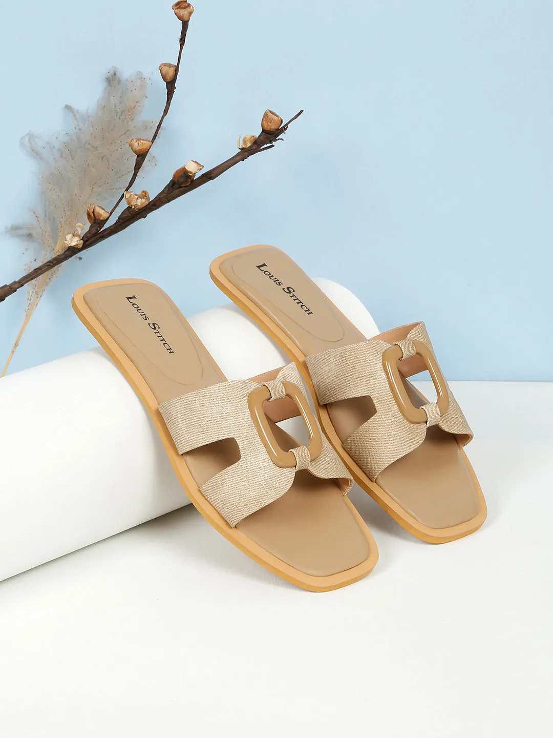 Women's Beige Flat Fashion Square Buckle Strap Lightweight Sandals