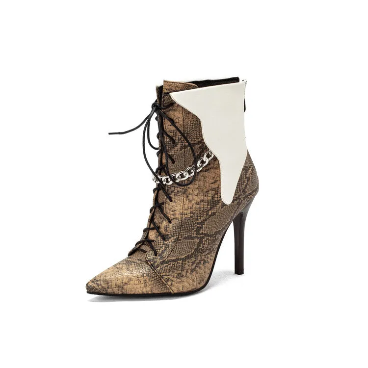 Women's Bicolor Pointed Toe Lace Up Metal Chains Stiletto Heel Short Boots