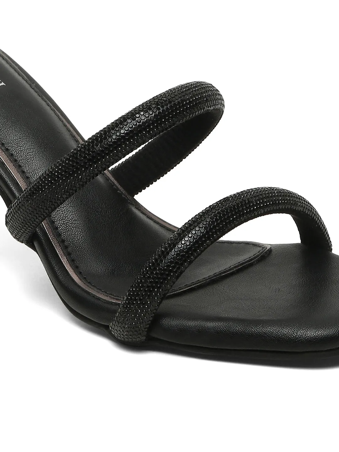 Women's Black Open Toe Glitter Double Strap Lightweight Sandals