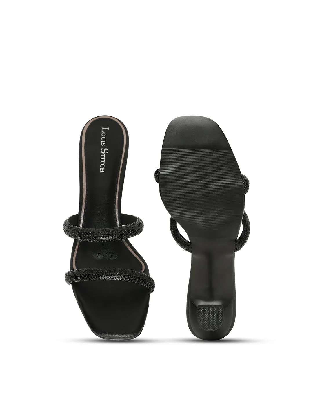 Women's Black Open Toe Glitter Double Strap Lightweight Sandals