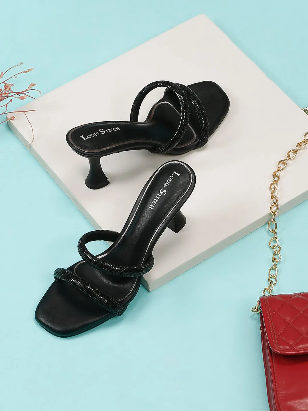 Women's Black Open Toe Glitter Double Strap Lightweight Sandals